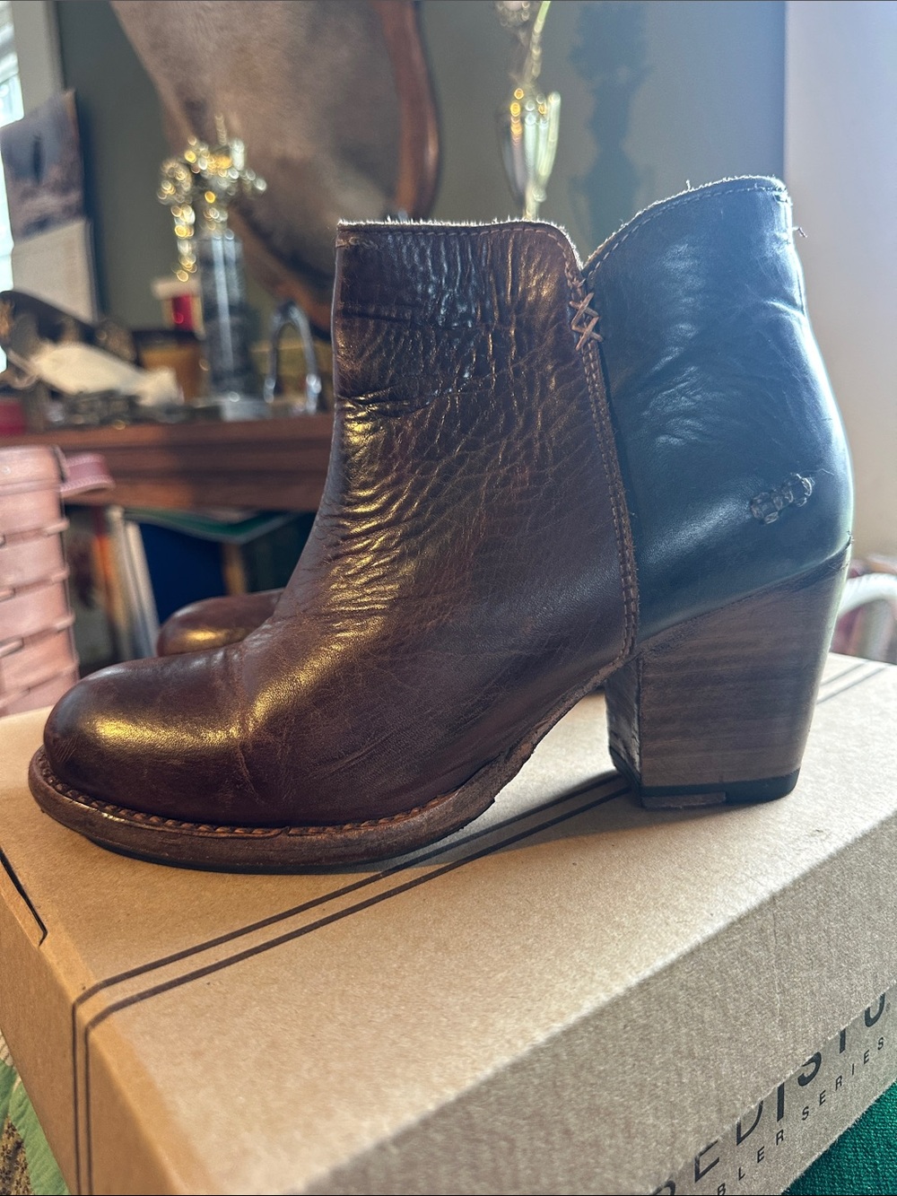 Bed Stu Two-Tone Brown & Dark Brown Leather Ankle Boots